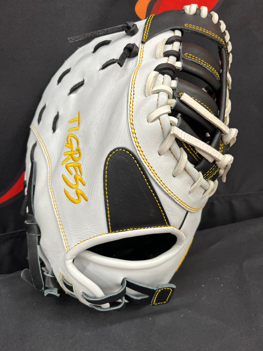 FIRST BASE MITT, WHITE, BLACK AND GOLD CINCH WRIST