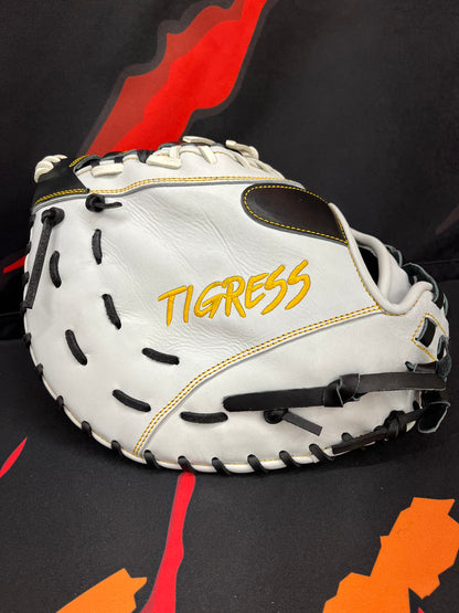 FIRST BASE MITT, WHITE, BLACK AND GOLD CINCH WRIST