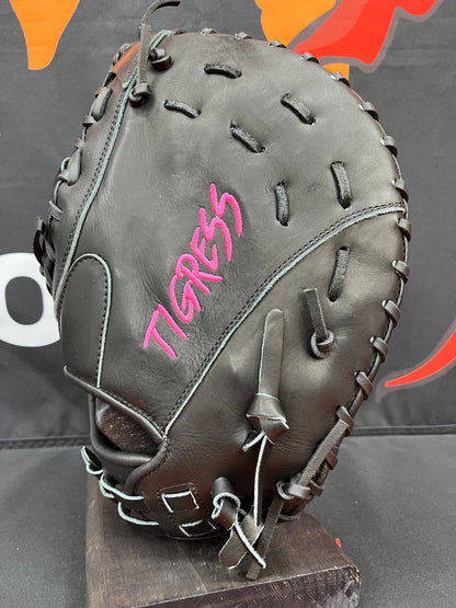 LHT FIRST BASE MITT, BLACK, PINK LOGO, CINCH WRIST 12.75"