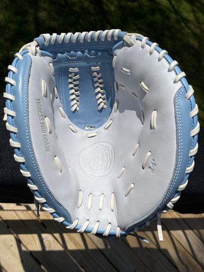 34" PRO GRADE RHT CATCHER’S MITT TWIN LADDER, CINCH WRIST, LIGHT BLUE AND WHITE