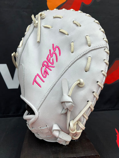 LHT FIRST BASE MITT, WHITE, PINK LOGO, CINCH WRIST 12.75