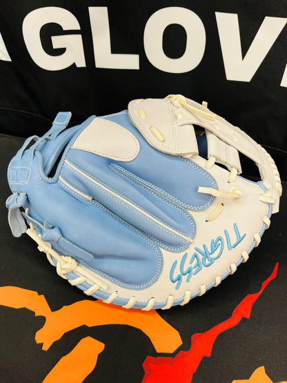 34" PRO GRADE LHT CATCHER’S H-WEB, CINCH WRIST, LIGHT BLUE AND WHITE