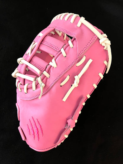 FIRST BASE MITT, PINK W/PINK LOGO CINCH WRIST RHT