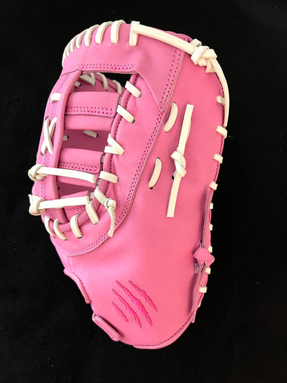 FIRST BASE MITT, PINK W/PINK LOGO CINCH WRIST RHT