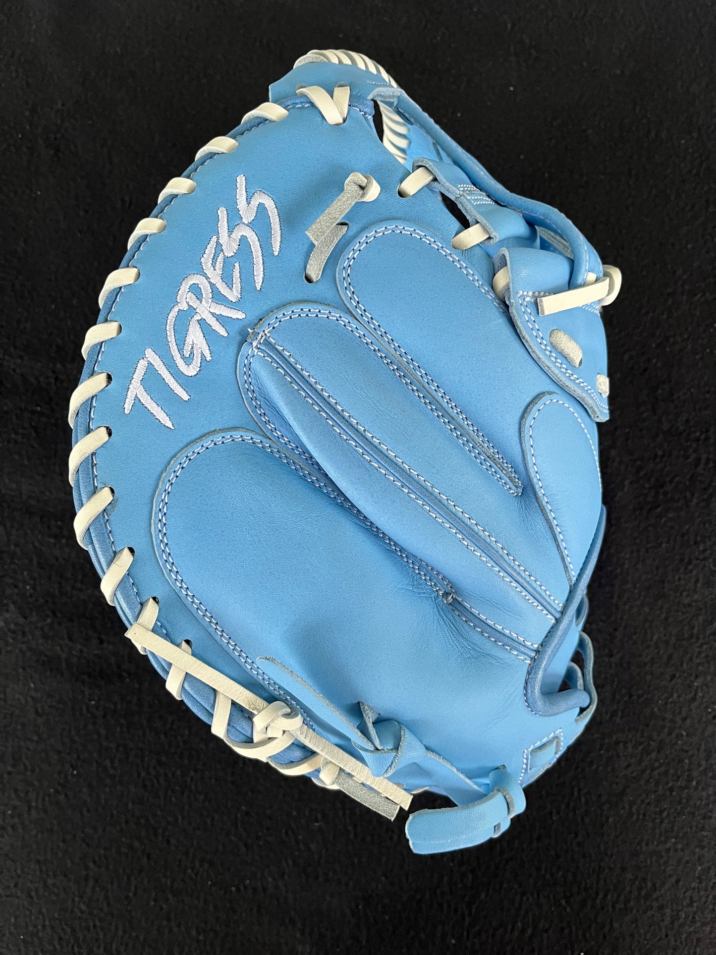 PRO GRADE RHT CATCHER'S MITT H-WEB LIGHT BLUE W/ WHITE LOGO