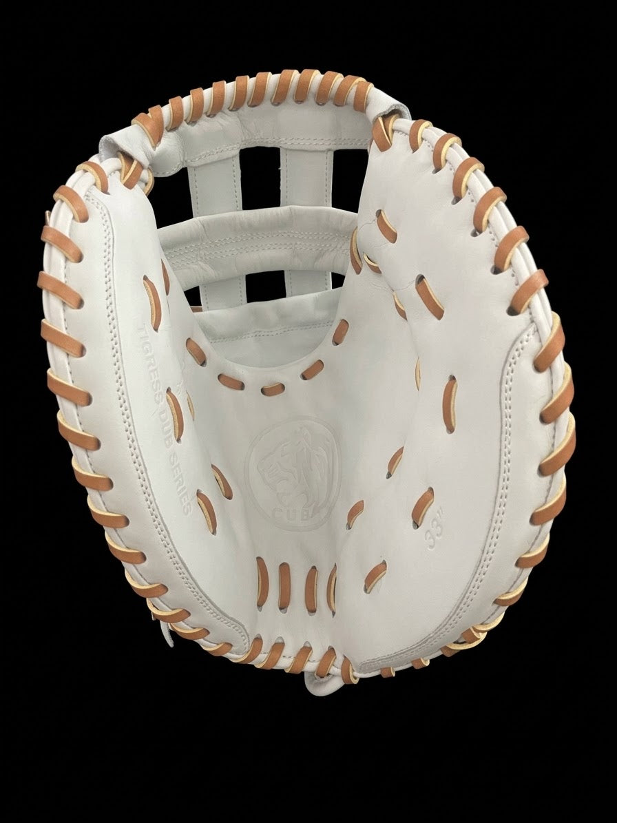 CUB 33" CATCHER'S MITT RHT WHITE W/ RAWHIDE LACE, LIGHT BLUE LOGOS