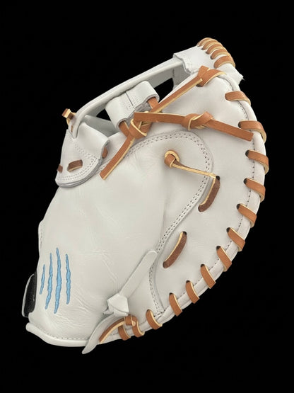 CUB 33" CATCHER'S MITT RHT WHITE W/ RAWHIDE LACE, LIGHT BLUE LOGOS